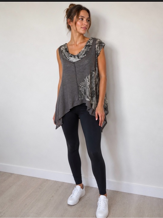 Fantazia Tops - Fantazia Grey Layered Tank with Black & White Printed Trim